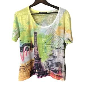 Compliments Colourful Graphic Print Women's Top Paris Mesh Bedazzled Mod Sz XL